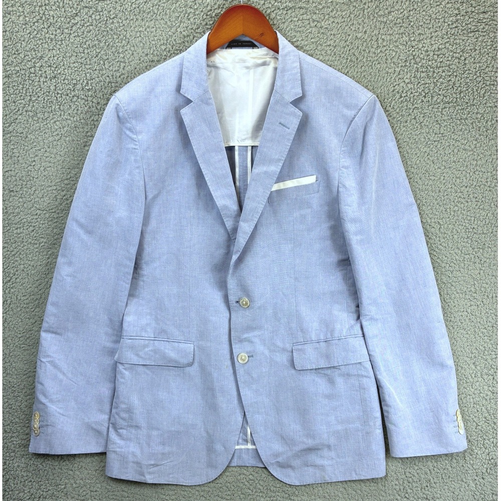Hugo Boss Two Button Blazer Jacket Mens 42L Blue Chambray Linen Formal Tailored